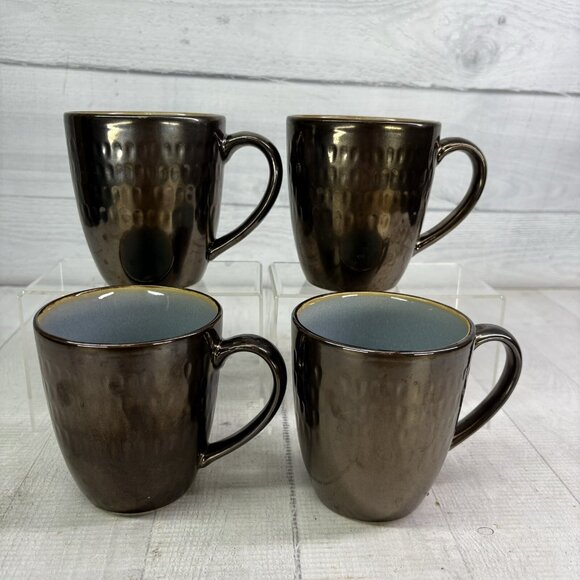 Food Network ANGELICA Blue Bronze Metallic Outside 16oz Stoneware Cup Mugs Set 4 - Picture 3 of 16